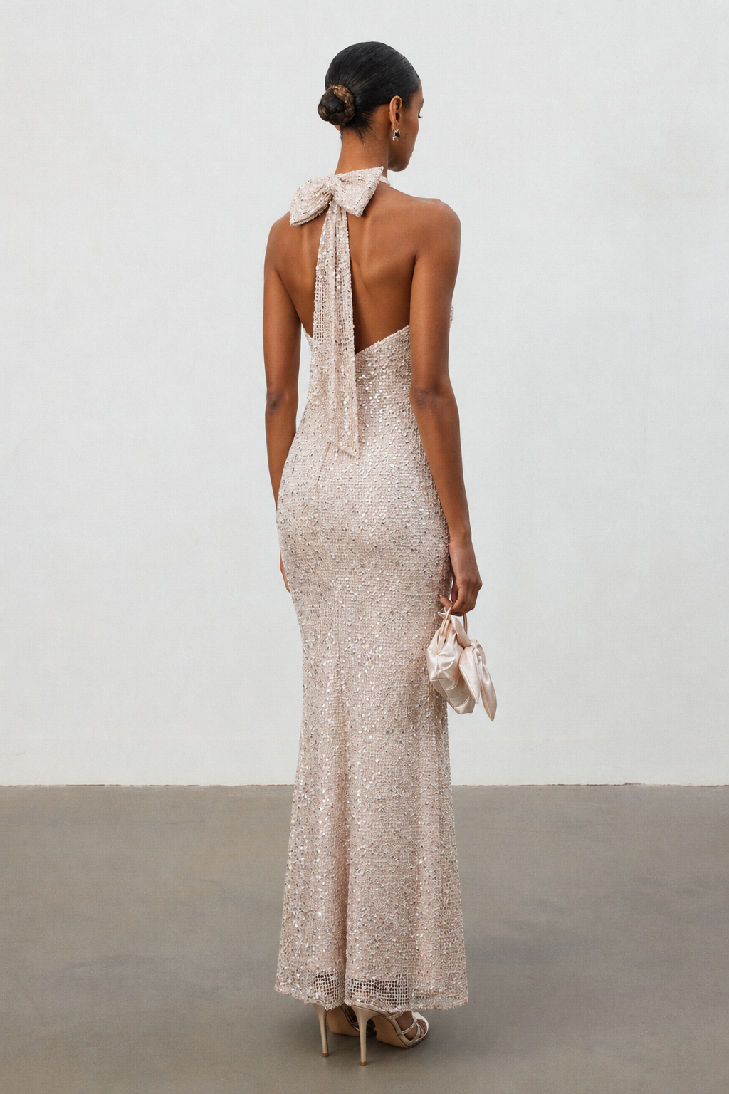 Saslim Chic Contour Halter Cut Out Sequin Maxi Dress