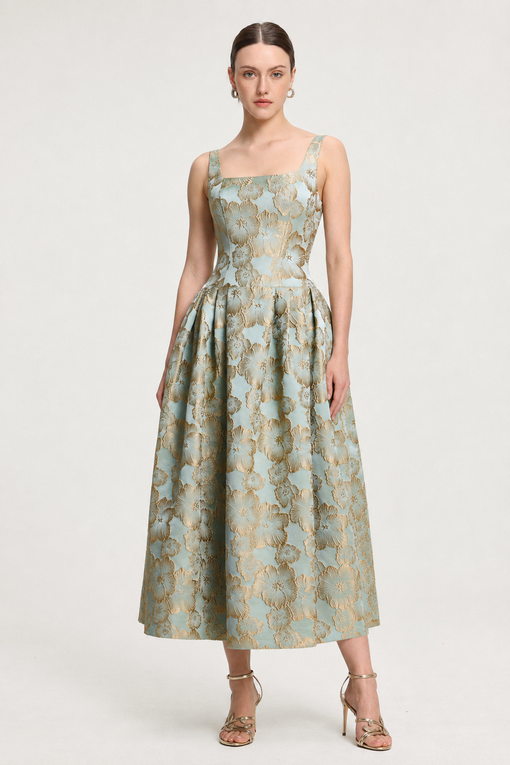 Kerta Elegant Tailored Square Neck Jacquard Pleated Floral Maxi Dress