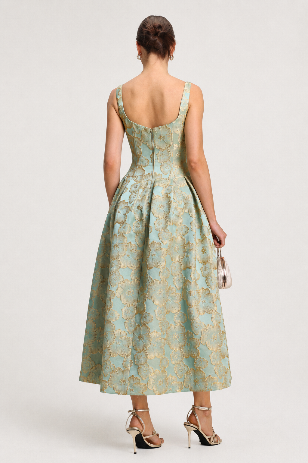 Kerta Elegant Tailored Square Neck Jacquard Pleated Floral Maxi Dress