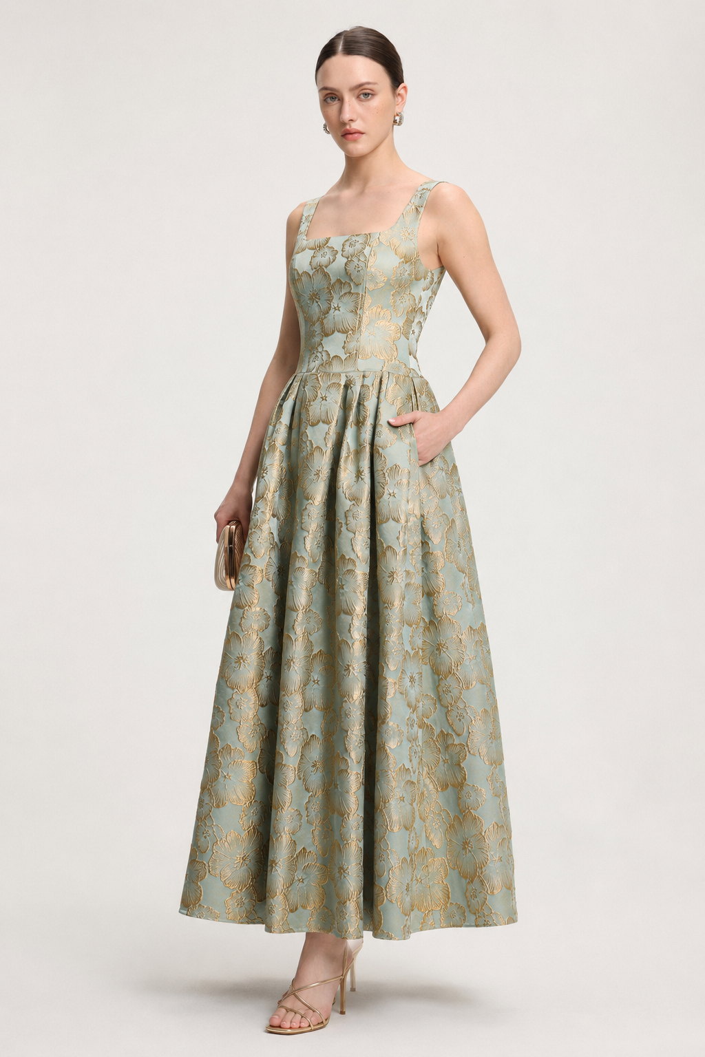 Kerta Elegant Tailored Square Neck Jacquard Pleated Floral Maxi Dress
