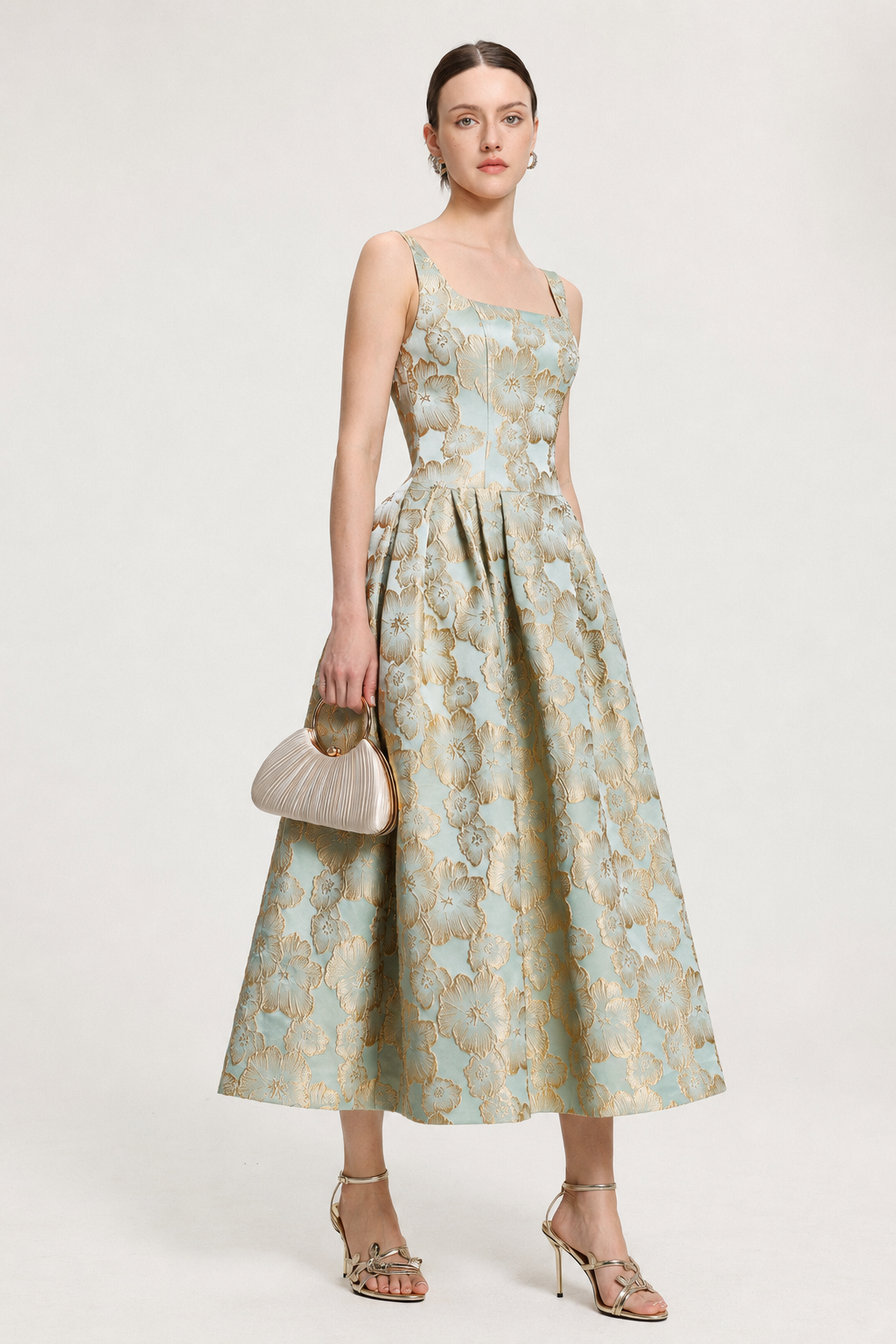 Kerta Elegant Tailored Square Neck Jacquard Pleated Floral Maxi Dress