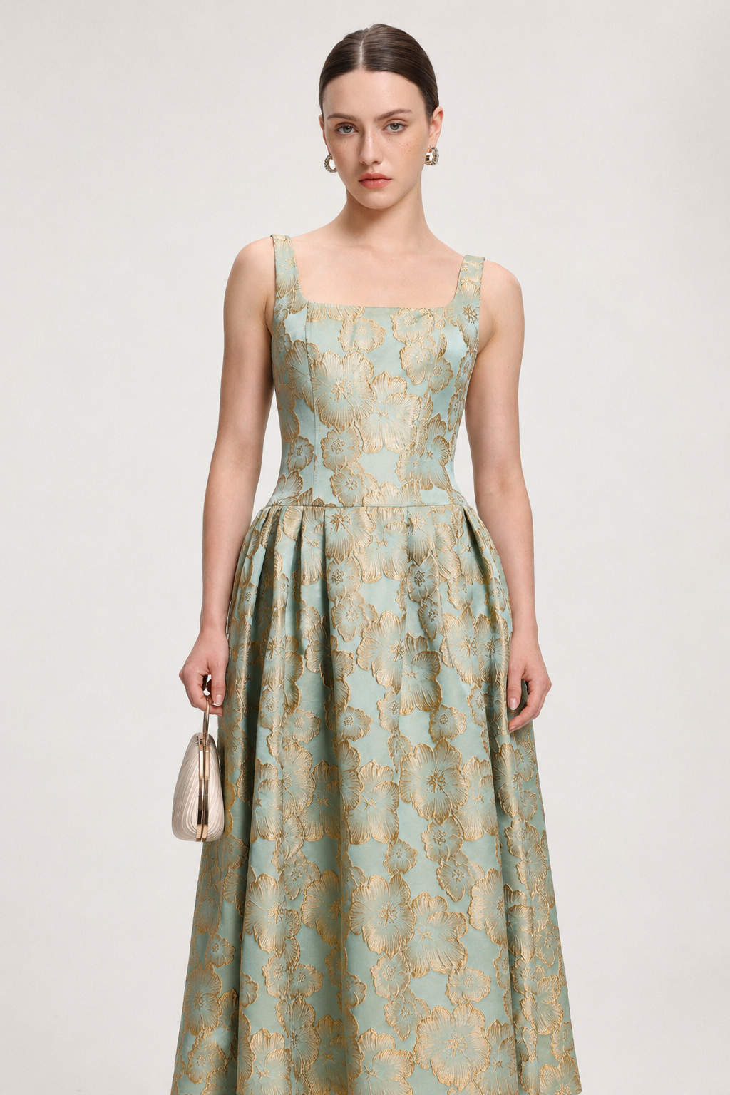 Kerta Elegant Tailored Square Neck Jacquard Pleated Floral Maxi Dress