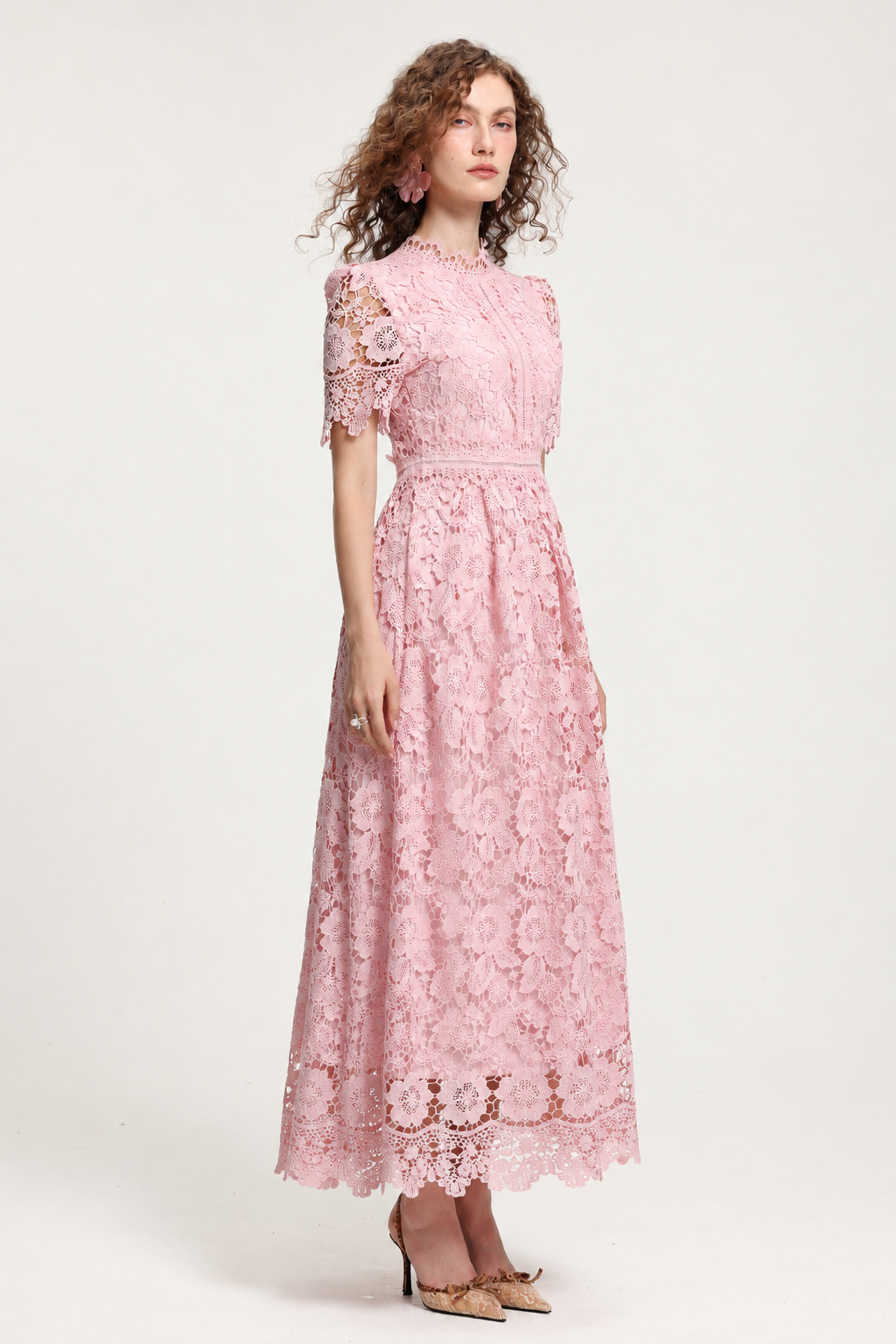 Valema Resort Flowy Short Sleeve Floral Lace Midi Dress