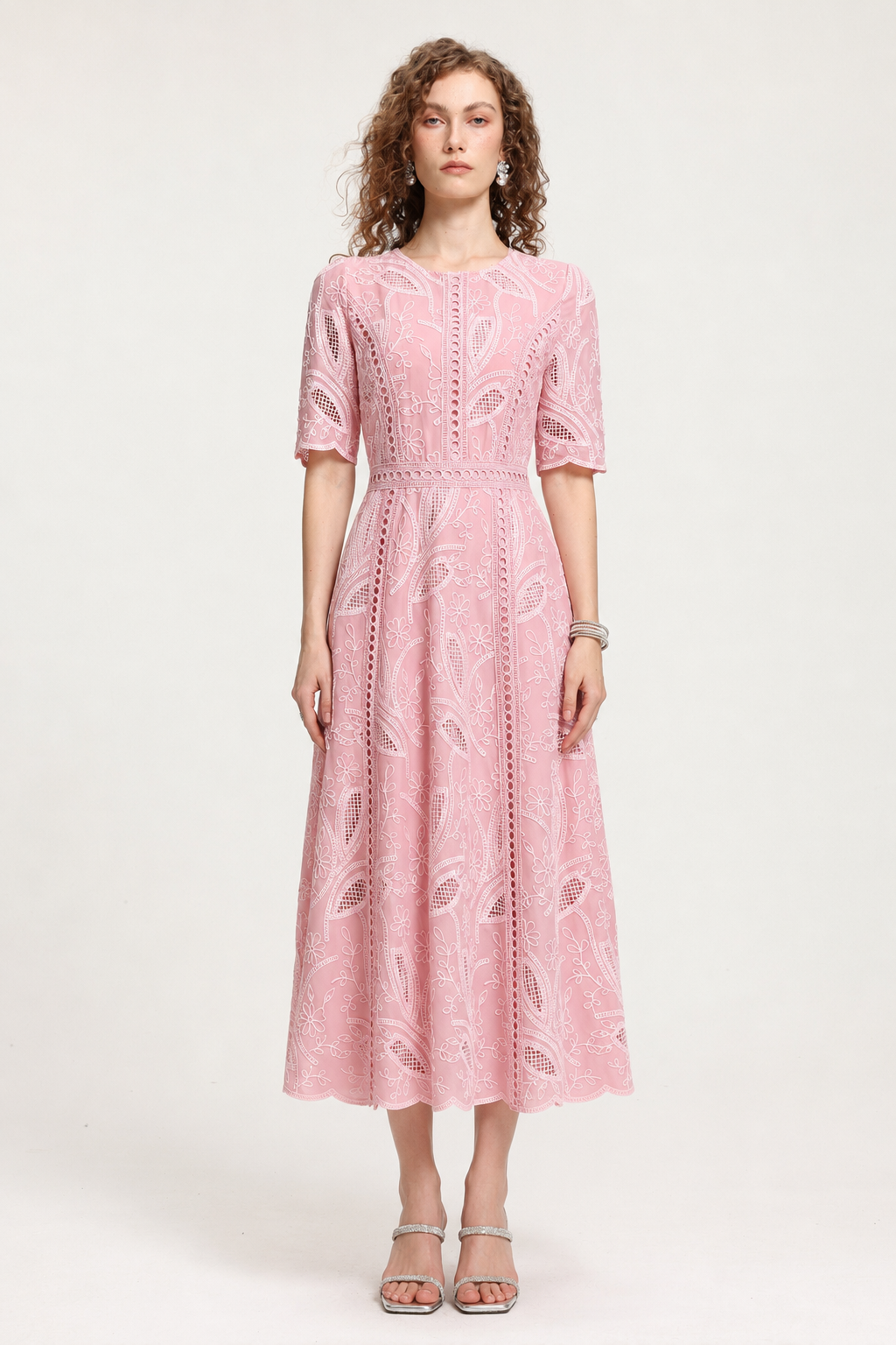 Krystal Resort Cinched Short Sleeve Embroidered Floral Lace Woven Midi Dress