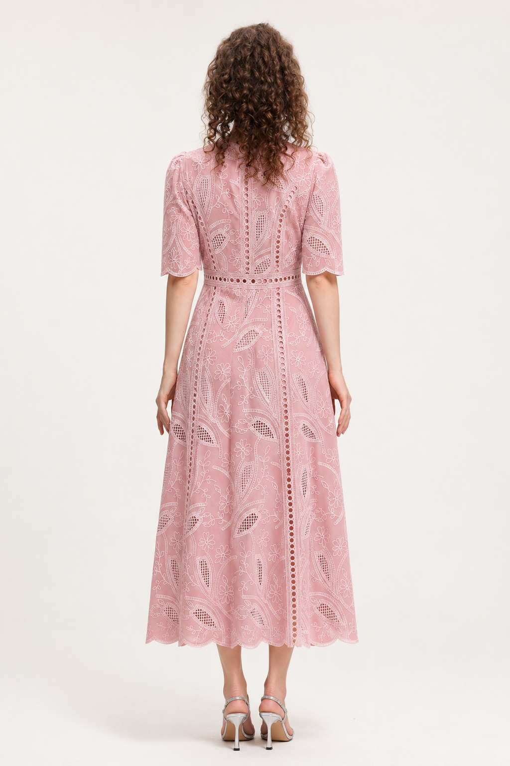 Krystal Resort Cinched Short Sleeve Embroidered Floral Lace Woven Midi Dress