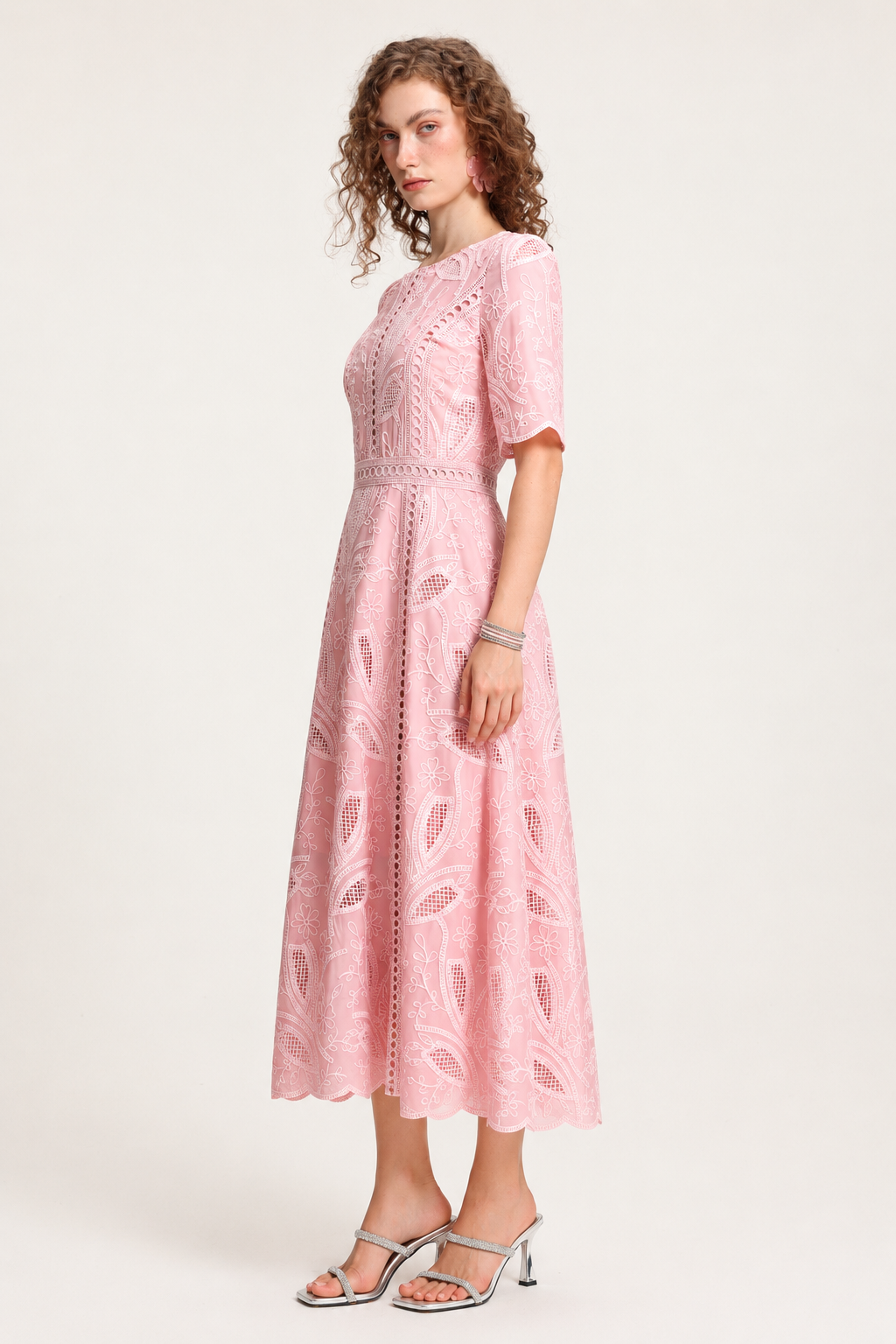 Krystal Resort Cinched Short Sleeve Embroidered Floral Lace Woven Midi Dress