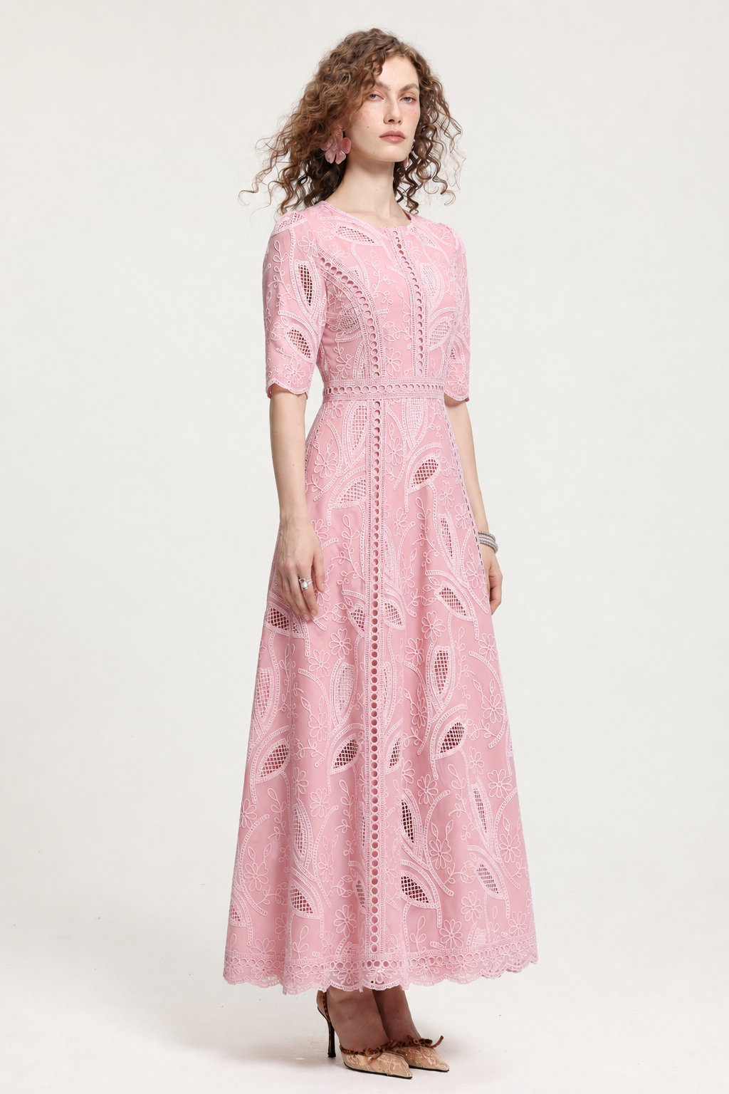 Krystal Resort Cinched Short Sleeve Embroidered Floral Lace Woven Midi Dress