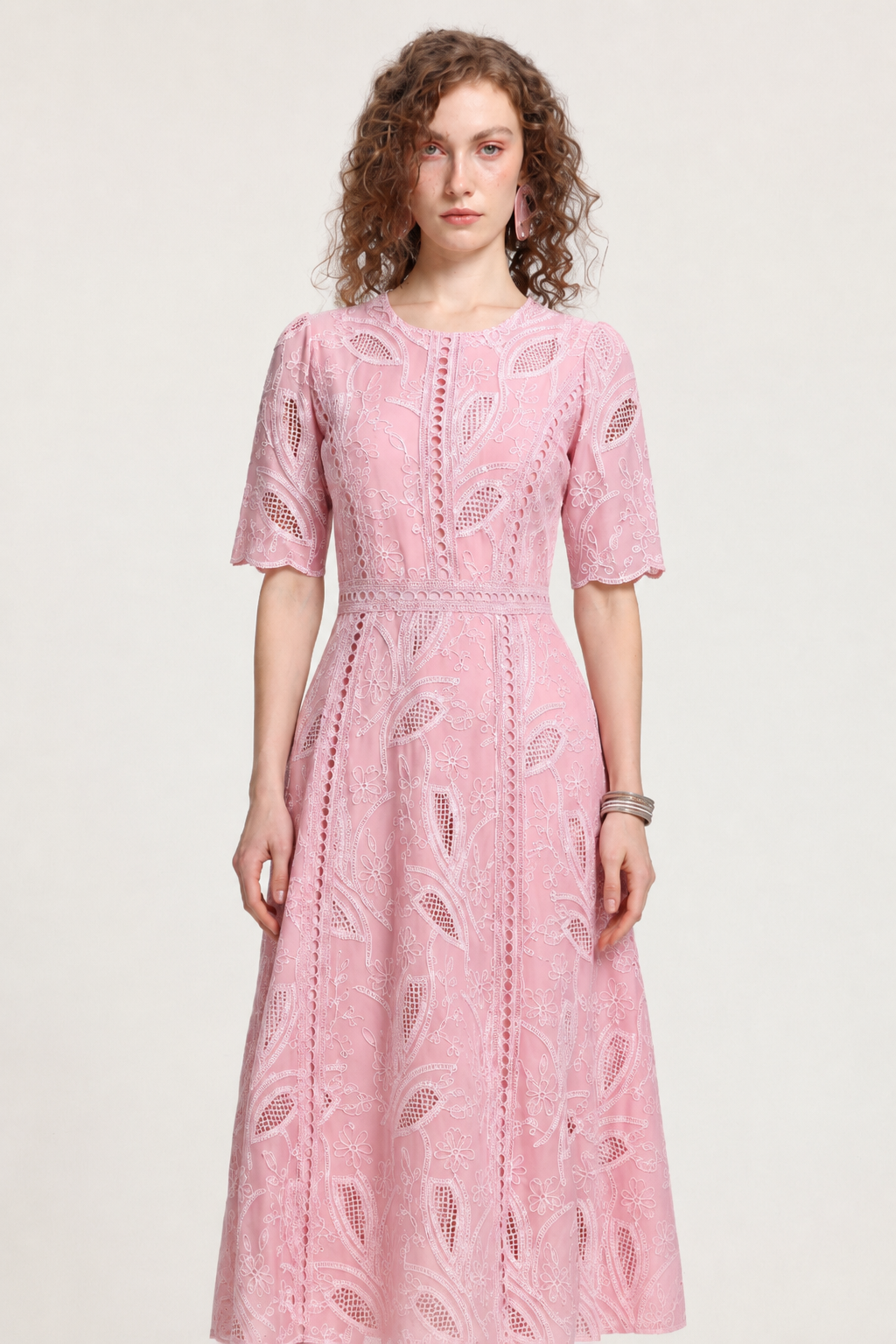 Krystal Resort Cinched Short Sleeve Embroidered Floral Lace Woven Midi Dress