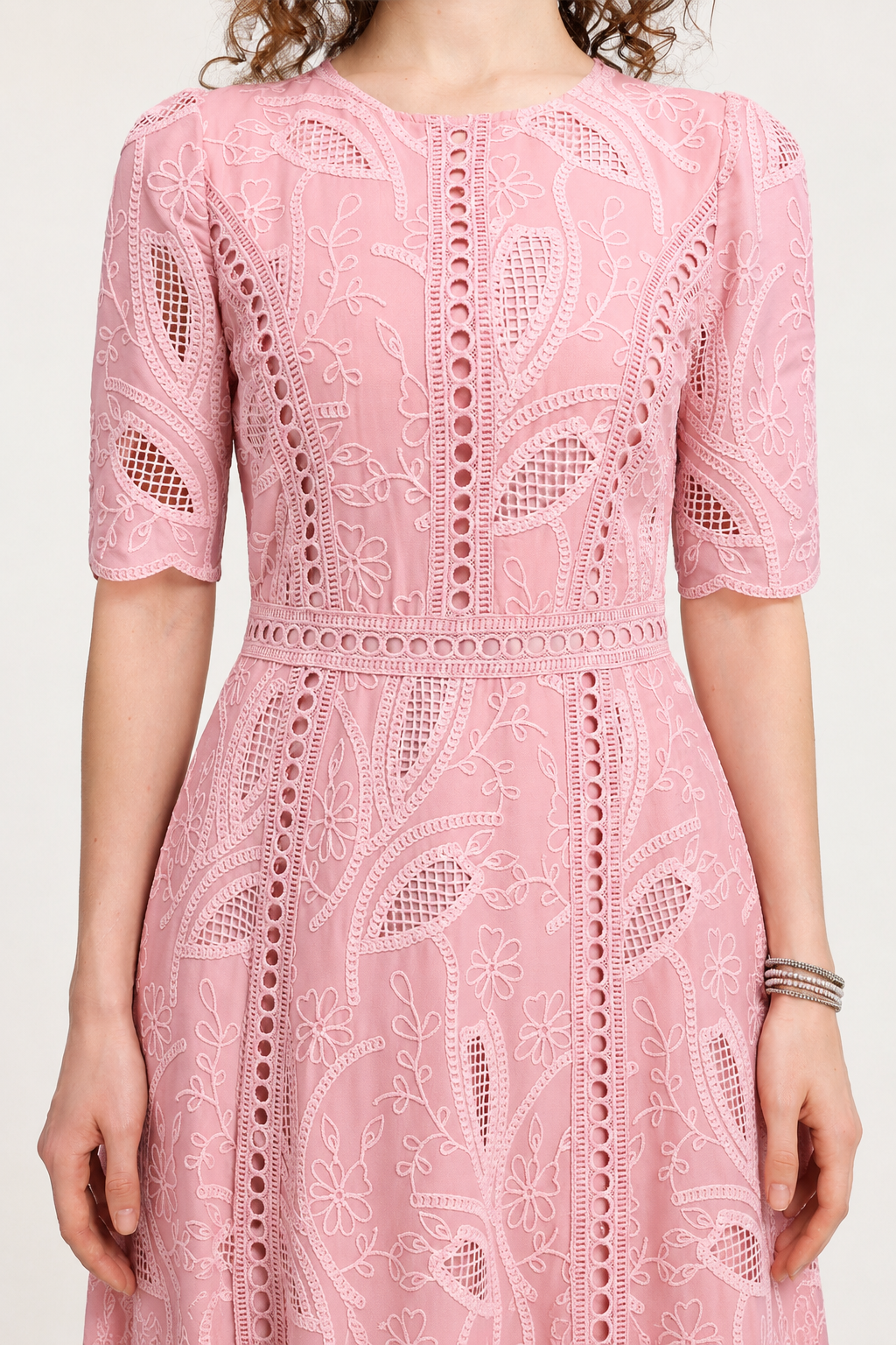 Krystal Resort Cinched Short Sleeve Embroidered Floral Lace Woven Midi Dress