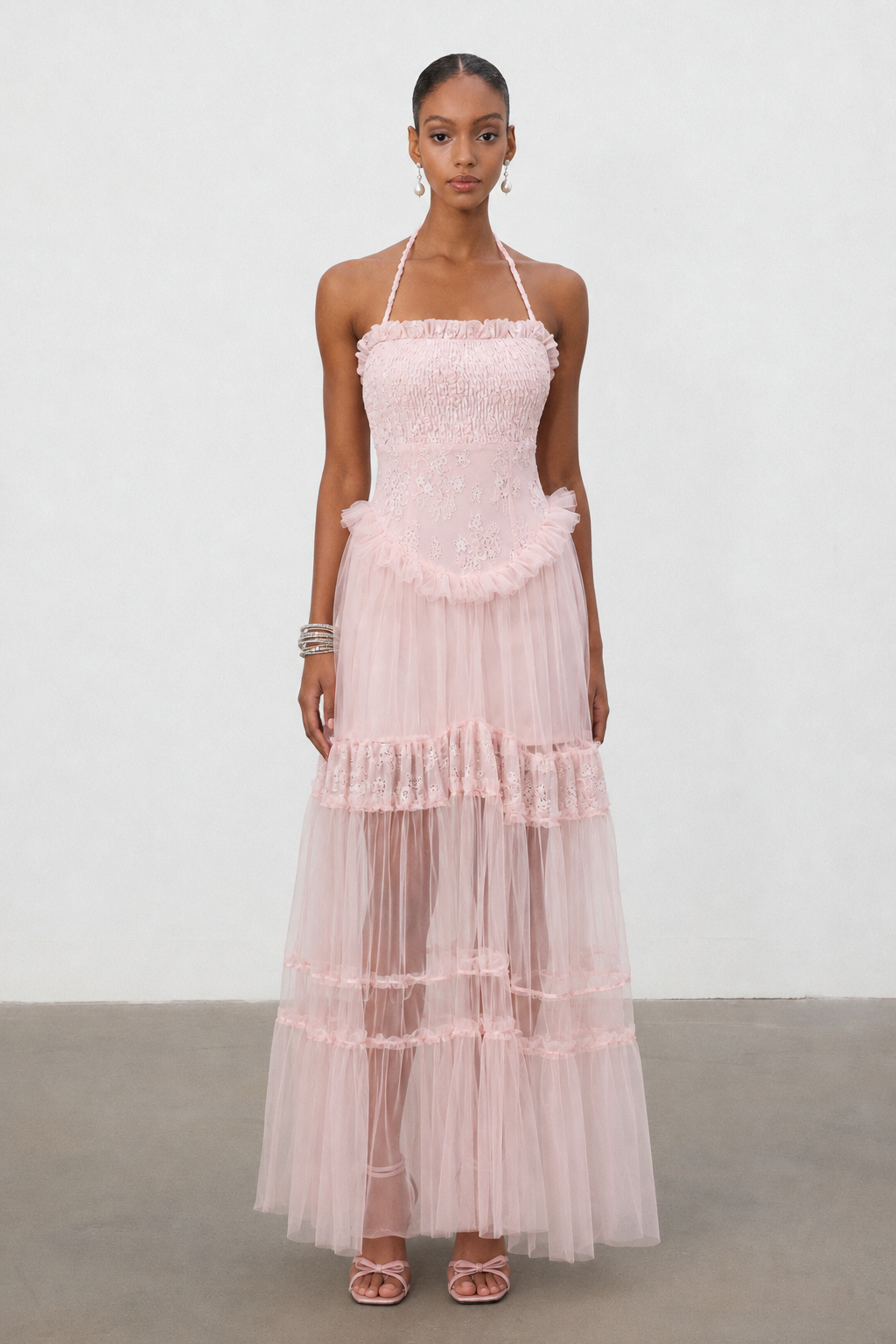 Ornella Resort Flowy Sleeveless Ruffle Tulle Maxi Dress