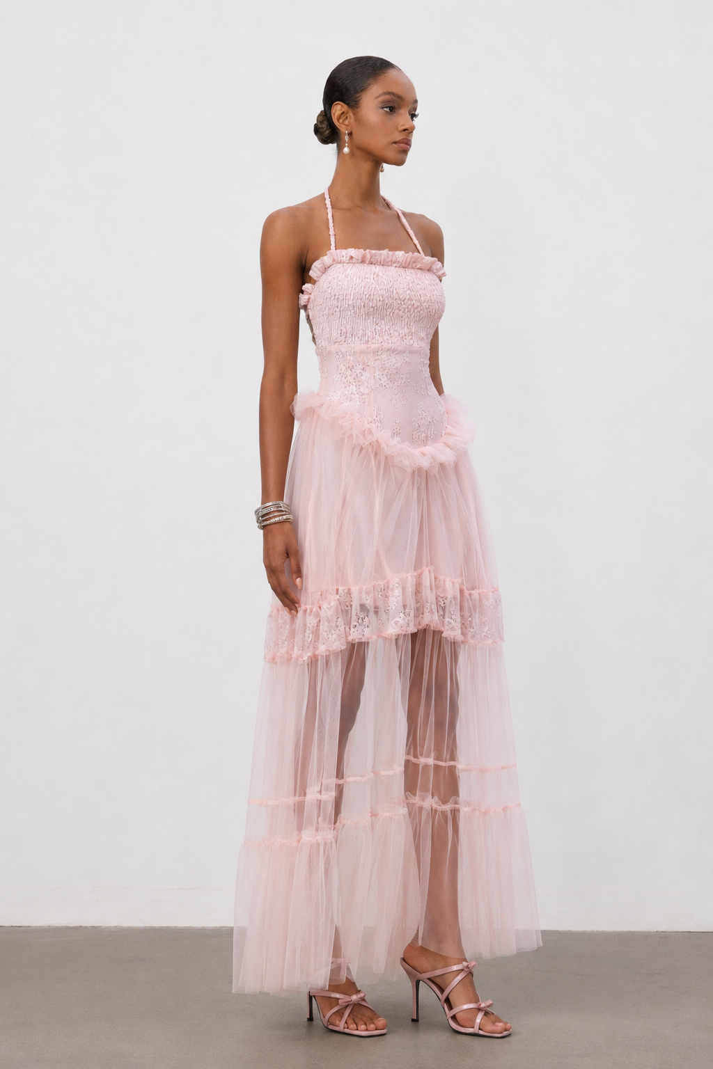 Ornella Resort Flowy Sleeveless Ruffle Tulle Maxi Dress