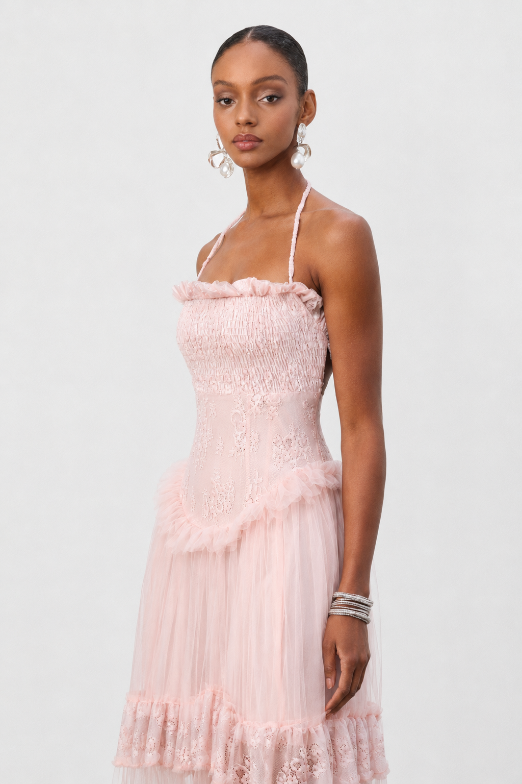 Ornella Resort Flowy Sleeveless Ruffle Tulle Maxi Dress