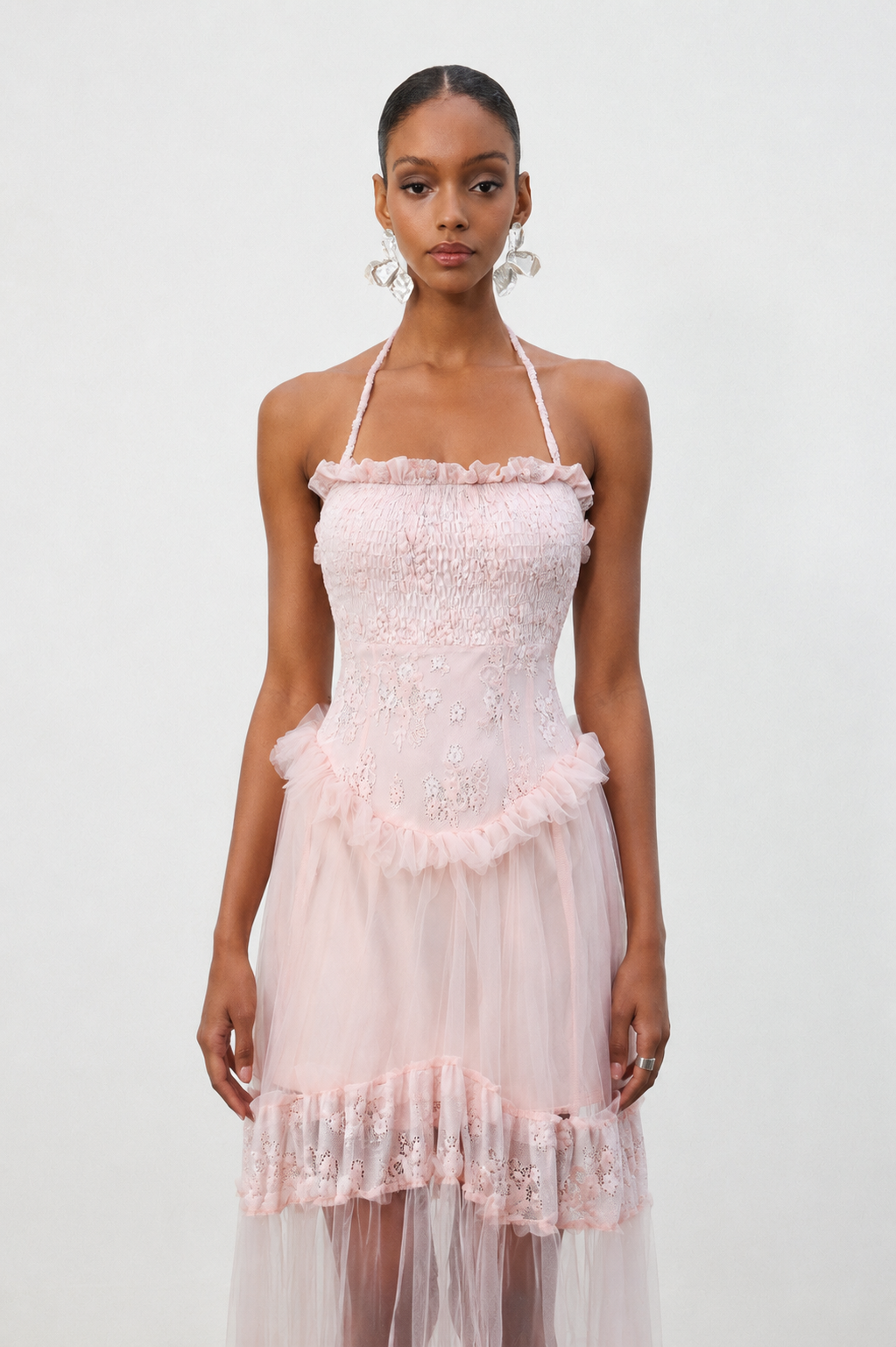 Ornella Resort Flowy Sleeveless Ruffle Tulle Maxi Dress