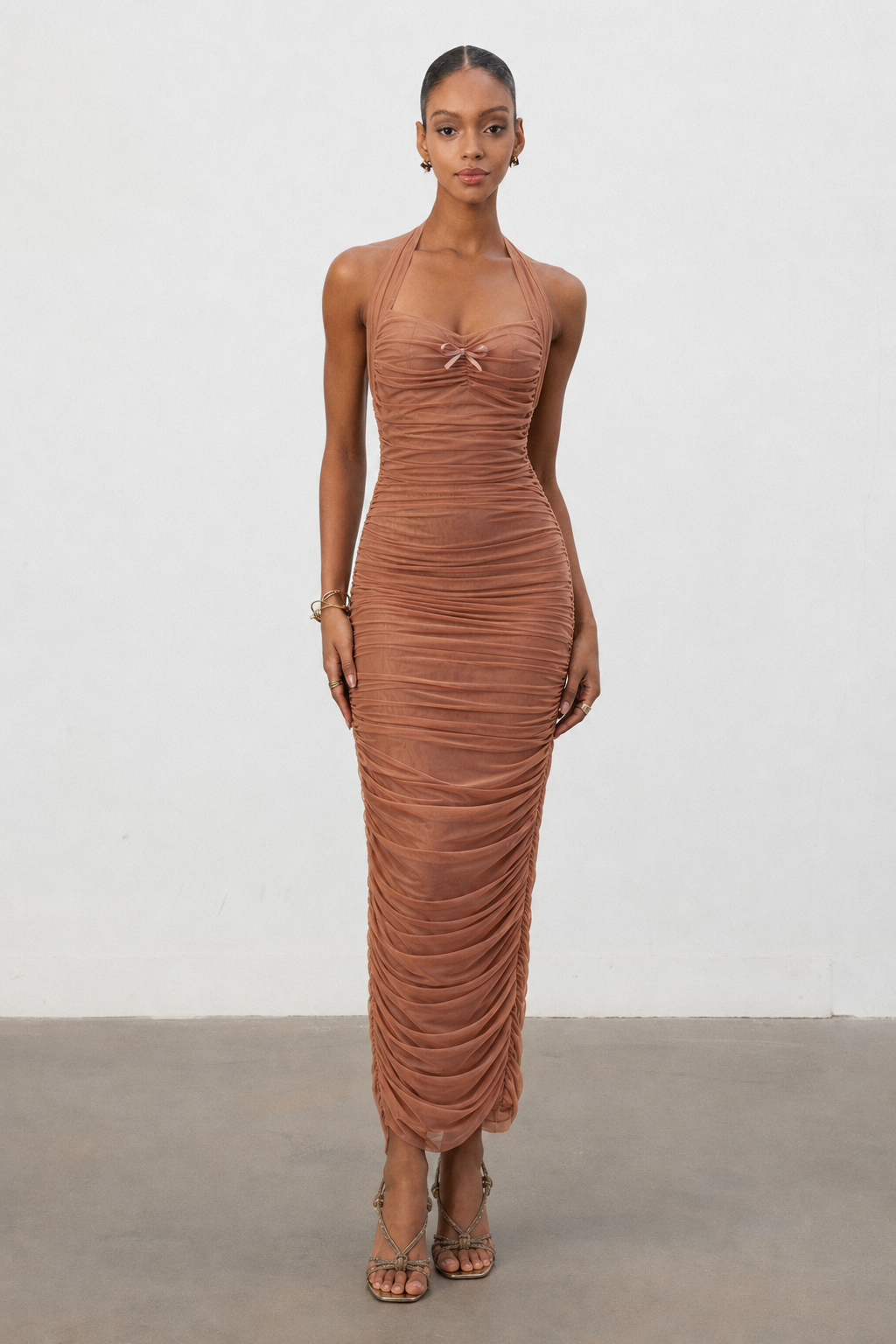 Eiffel Sexy Contour Sleeveless Ruched Mesh Maxi Dress