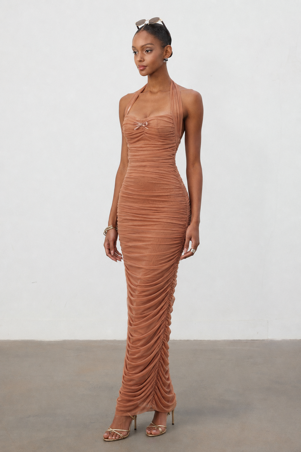 Eiffel Sexy Contour Sleeveless Ruched Mesh Maxi Dress