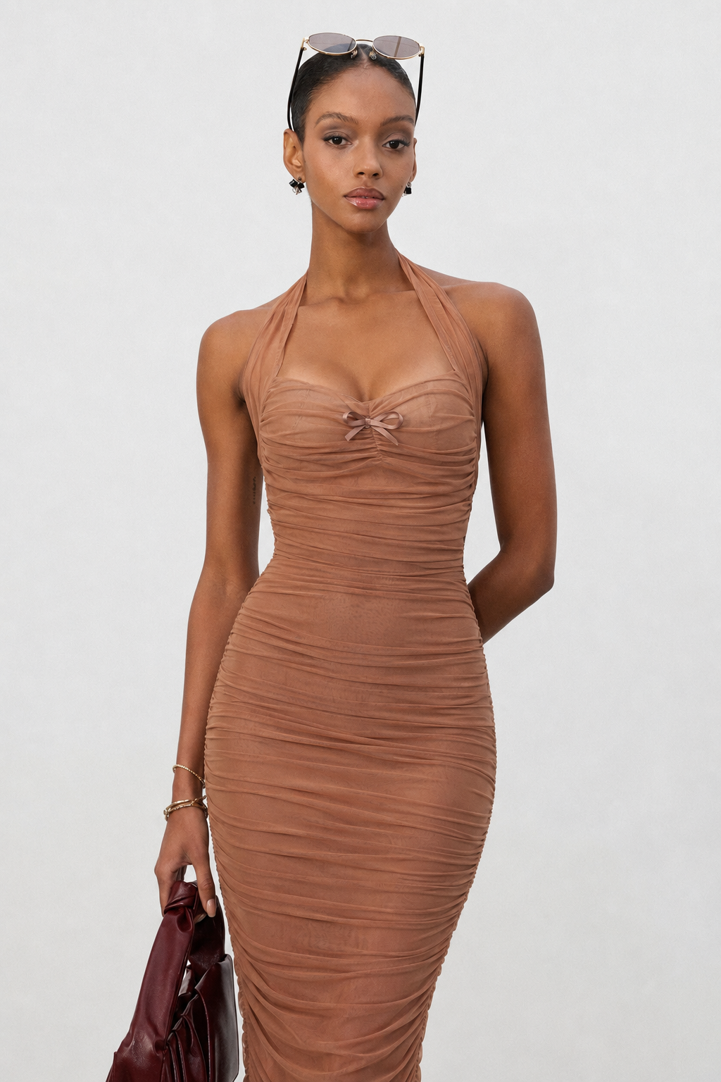 Eiffel Sexy Contour Sleeveless Ruched Mesh Maxi Dress