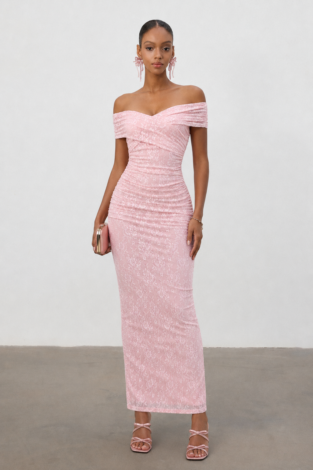 Edyta Romantic Contour Off Shoulder Ruched Floral Lace Maxi Dress