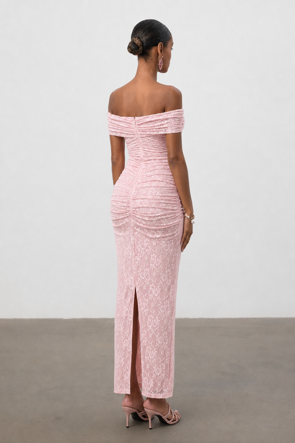 Edyta Romantic Contour Off Shoulder Ruched Floral Lace Maxi Dress