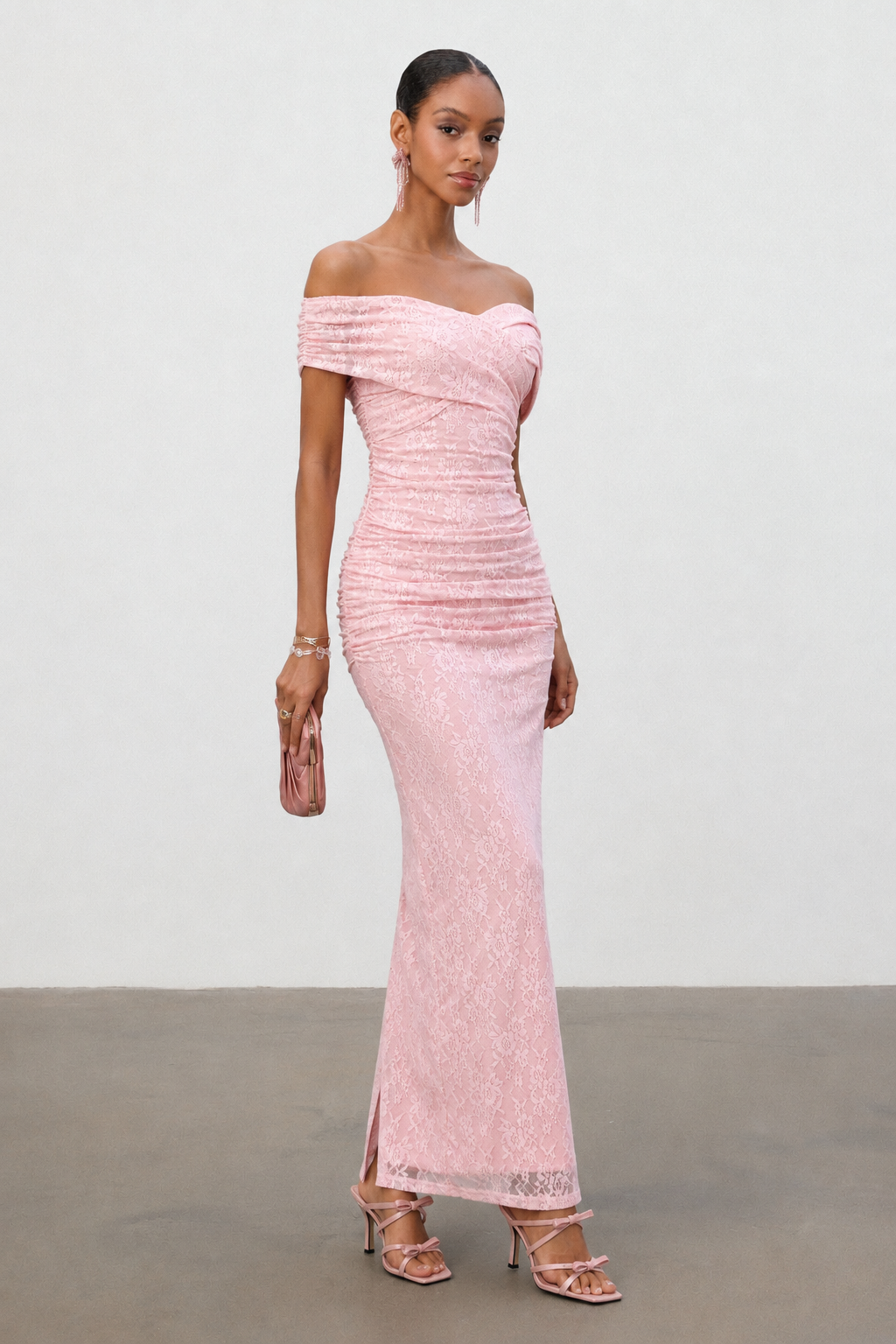 Edyta Romantic Contour Off Shoulder Ruched Floral Lace Maxi Dress
