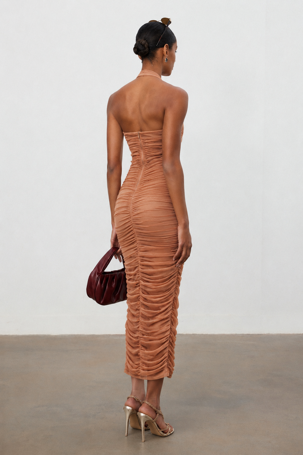 Eiffel Sexy Contour Sleeveless Ruched Mesh Maxi Dress