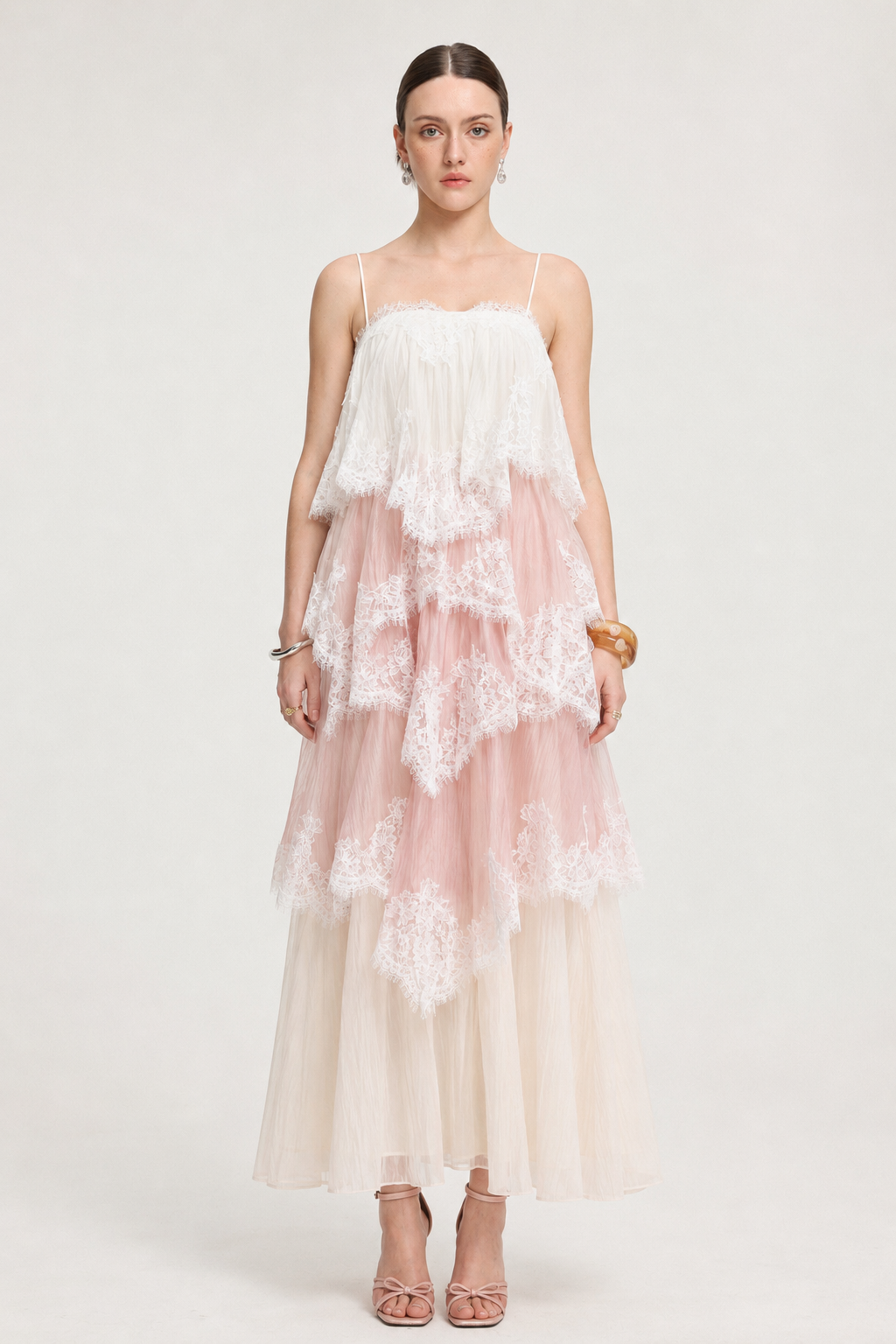 Hiata Resort Flowy Spaghetti Strap Lace Trimmed Tiered Tulle Maxi Dress