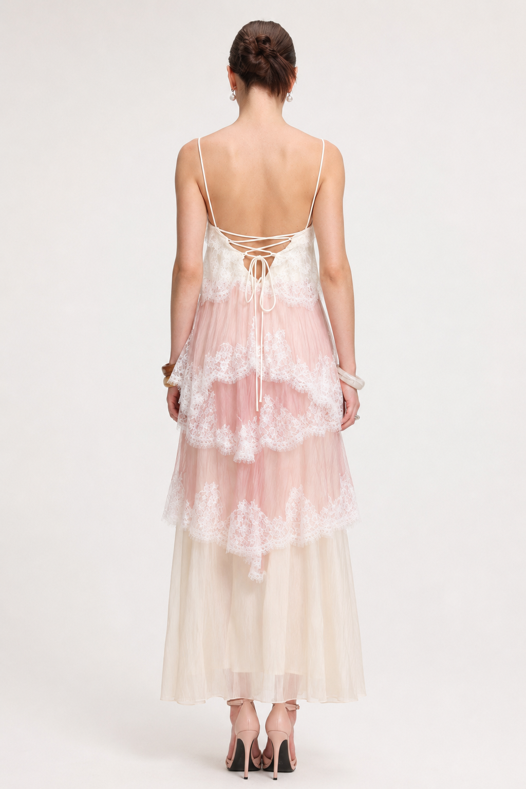 Hiata Resort Flowy Spaghetti Strap Lace Trimmed Tiered Tulle Maxi Dress
