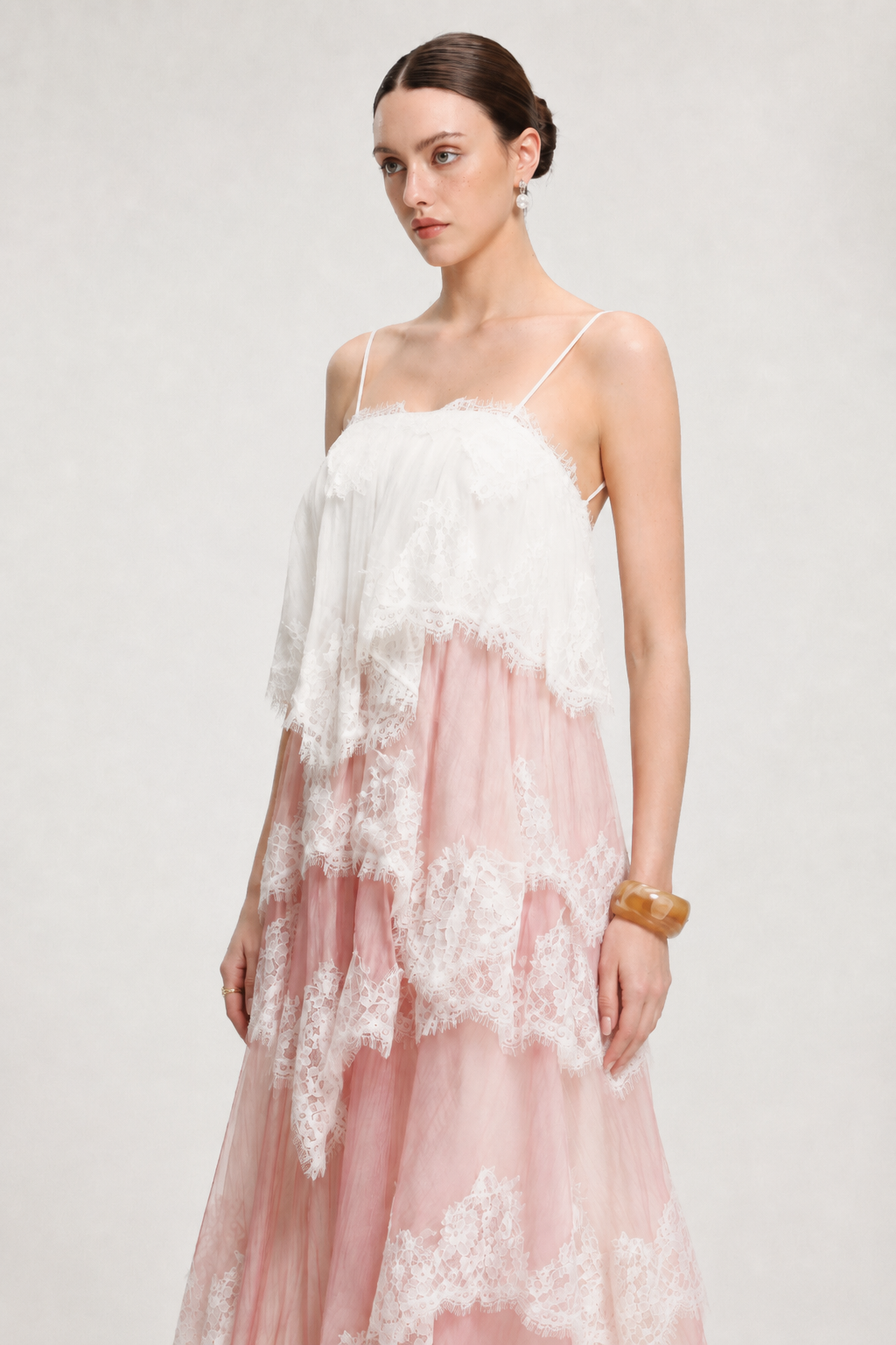 Hiata Resort Flowy Spaghetti Strap Lace Trimmed Tiered Tulle Maxi Dress