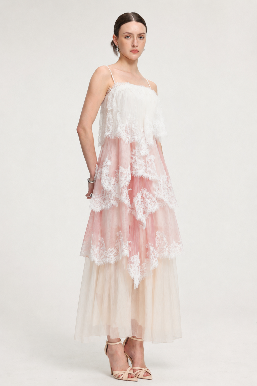 Hiata Resort Flowy Spaghetti Strap Lace Trimmed Tiered Tulle Maxi Dress