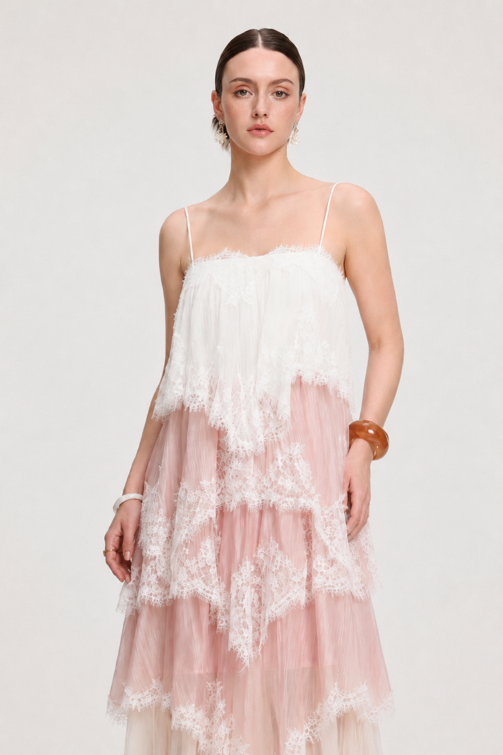 Hiata Resort Flowy Spaghetti Strap Lace Trimmed Tiered Tulle Maxi Dress