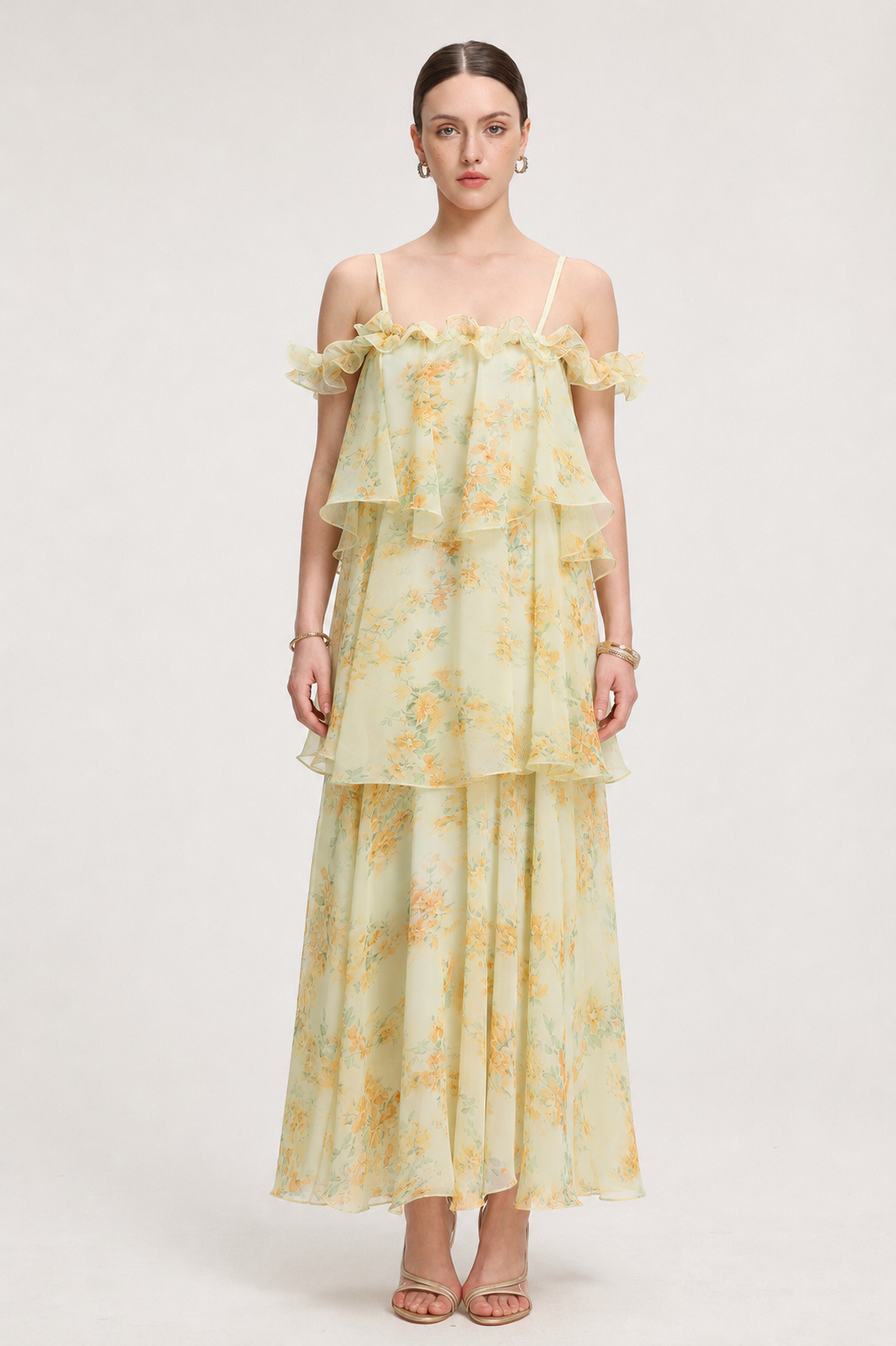 Tasanee Resort Flowy Spaghetti Strap Ruffle Floral Print Chiffon Maxi Dress