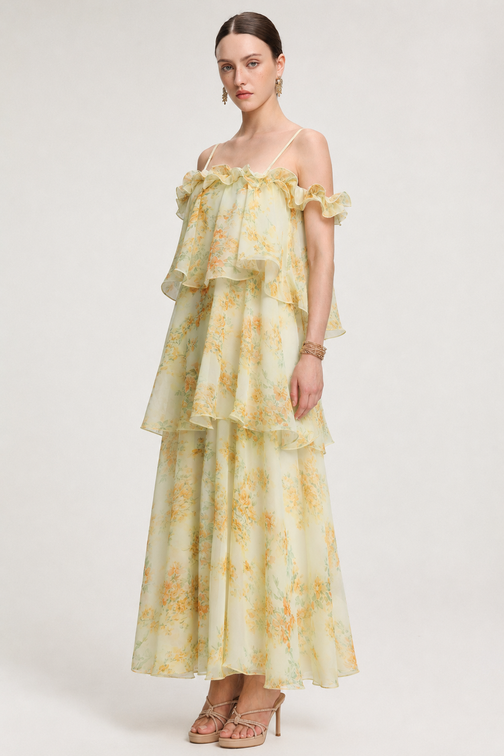 Tasanee Resort Flowy Spaghetti Strap Ruffle Floral Print Chiffon Maxi Dress