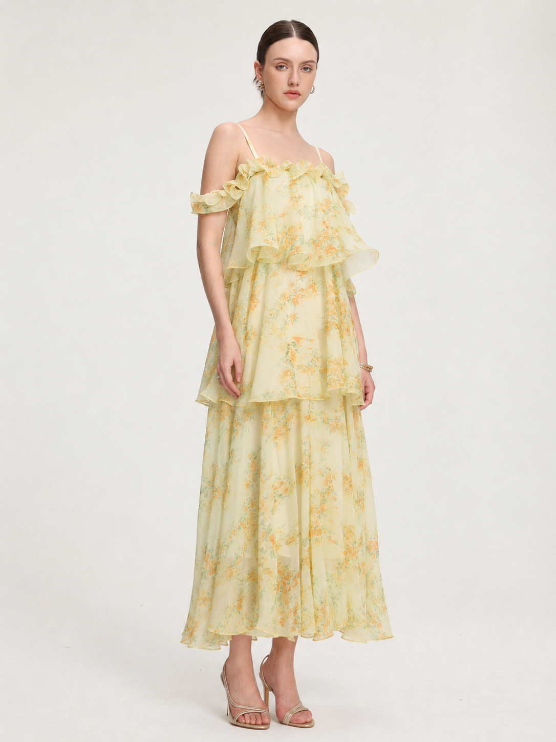 Tasanee Resort Flowy Spaghetti Strap Ruffle Floral Print Chiffon Maxi Dress