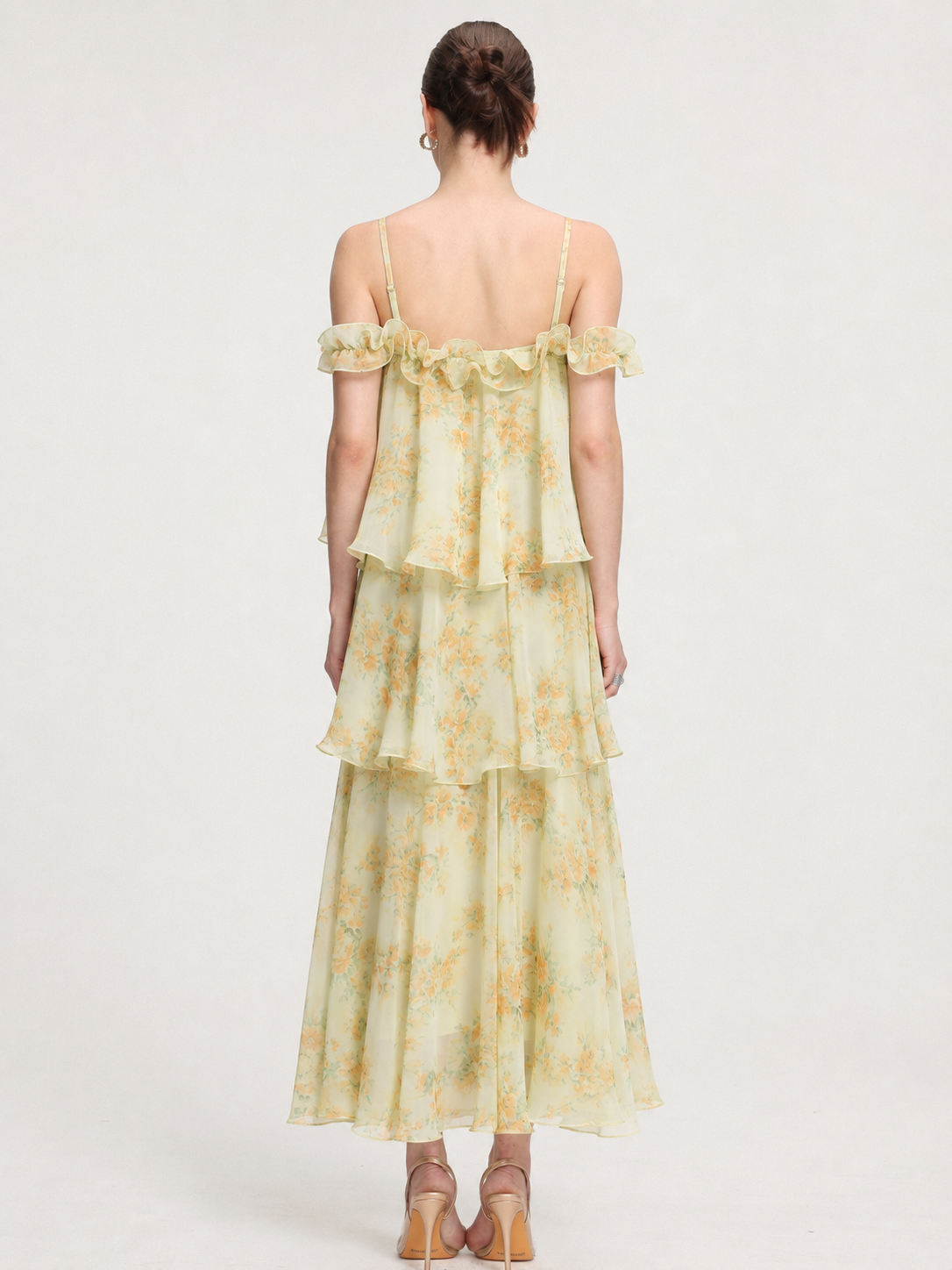 Tasanee Resort Flowy Spaghetti Strap Ruffle Floral Print Chiffon Maxi Dress