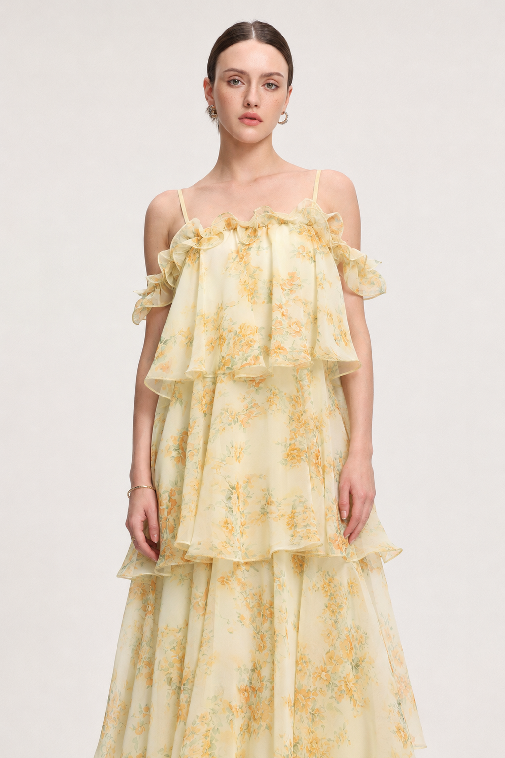 Tasanee Resort Flowy Spaghetti Strap Ruffle Floral Print Chiffon Maxi Dress