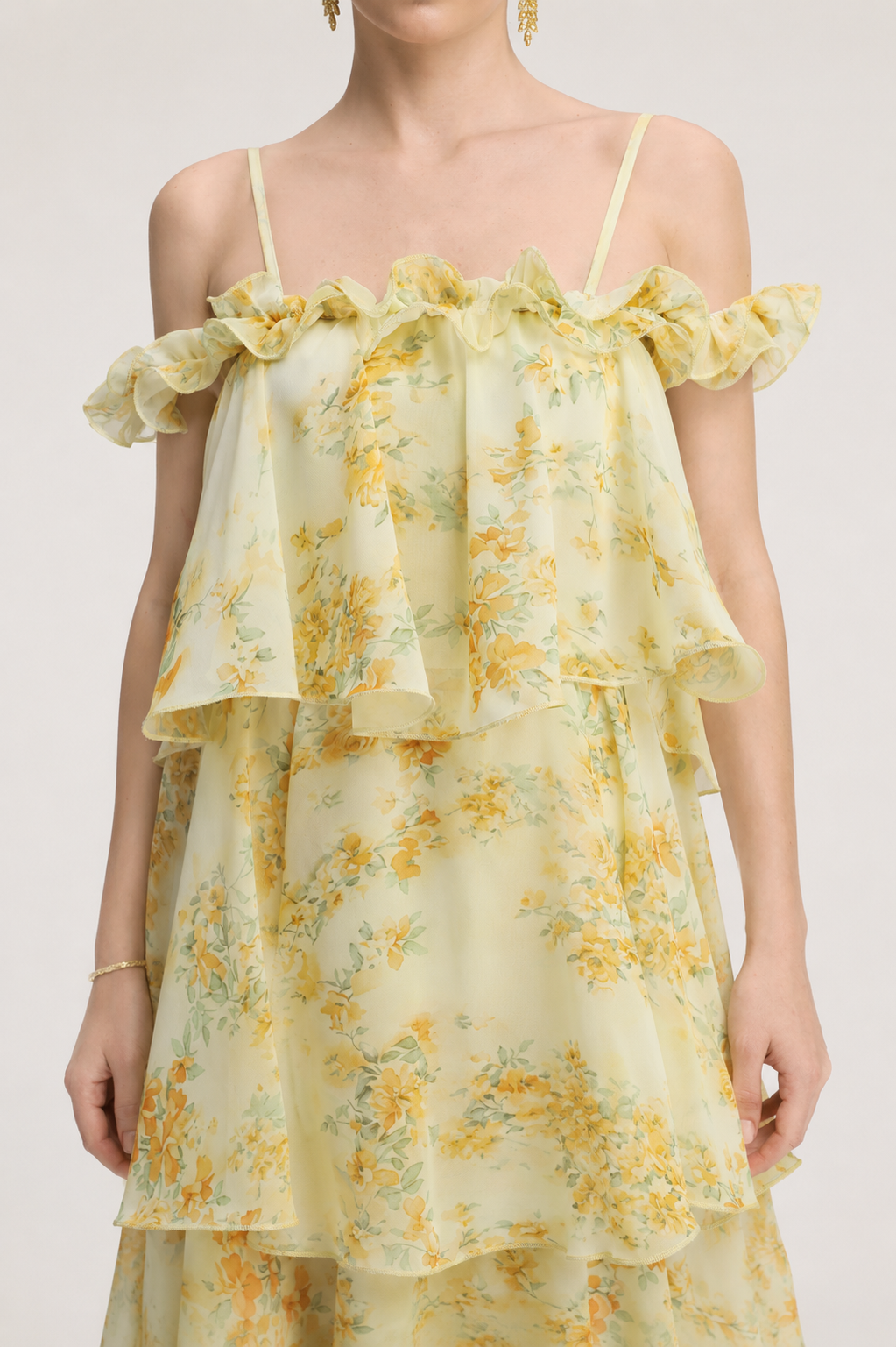 Tasanee Resort Flowy Spaghetti Strap Ruffle Floral Print Chiffon Maxi Dress