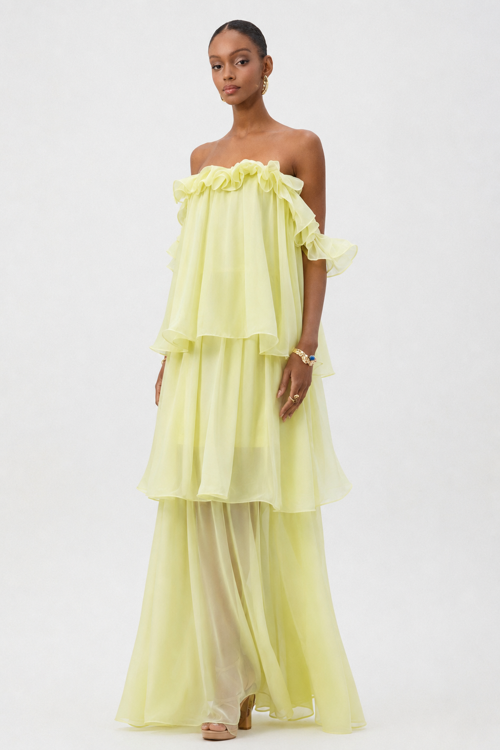 Lave Resort Flowy Off Shoulder Ruffle Woven Maxi Dress