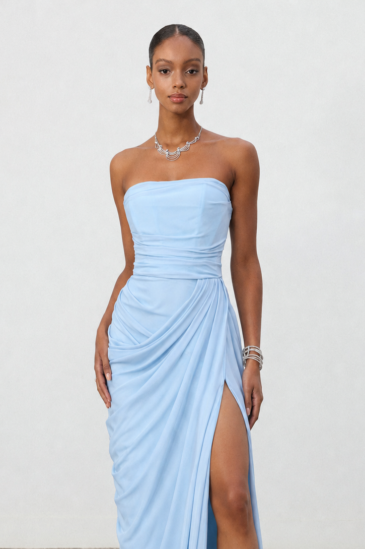 Tazeda Elegant Contour Strapless Ruched Mesh Maxi Dress
