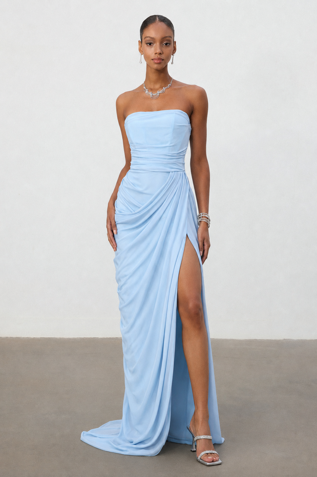 Tazeda Elegant Contour Strapless Ruched Mesh Maxi Dress