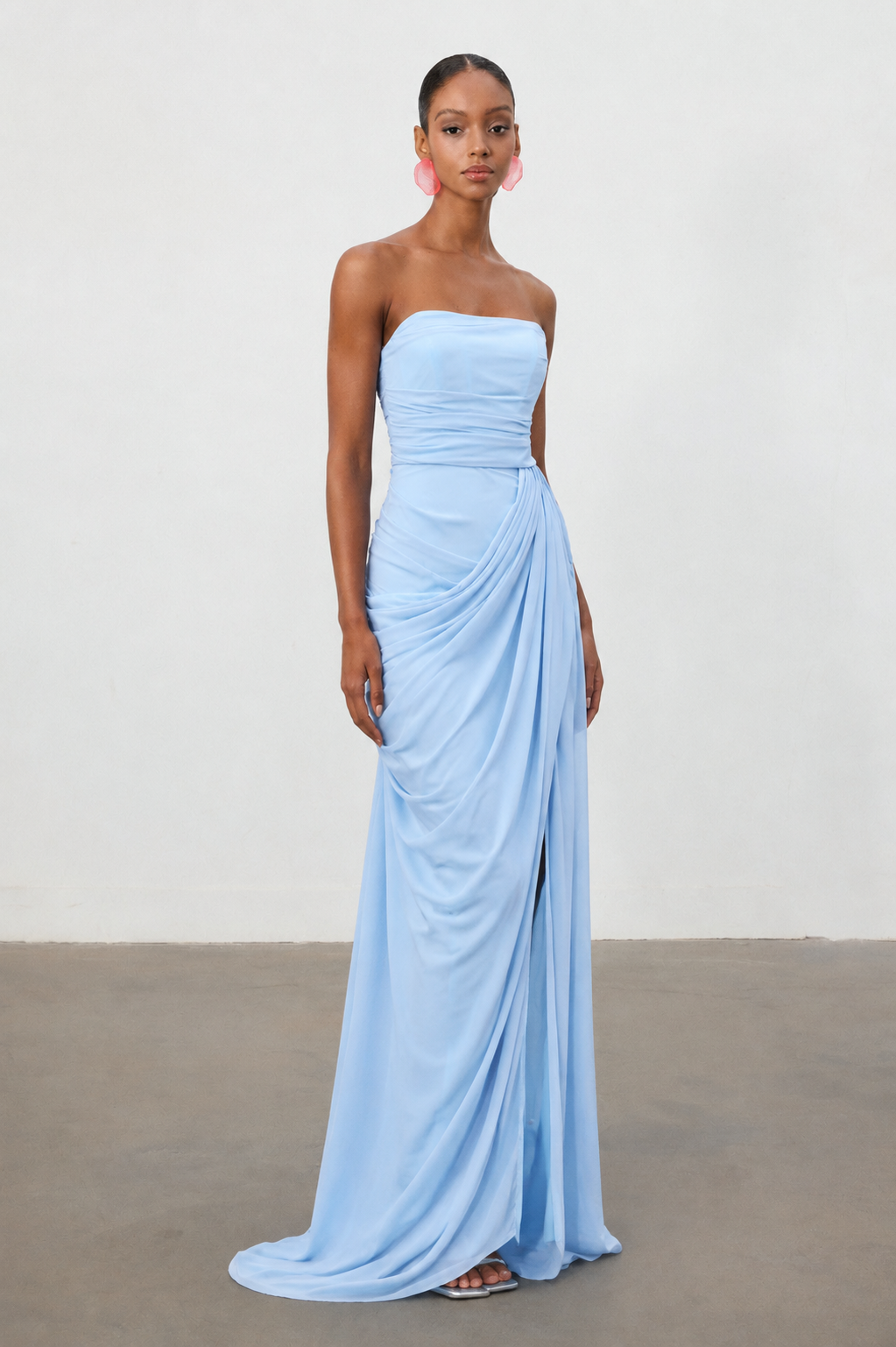 Tazeda Elegant Contour Strapless Ruched Mesh Maxi Dress