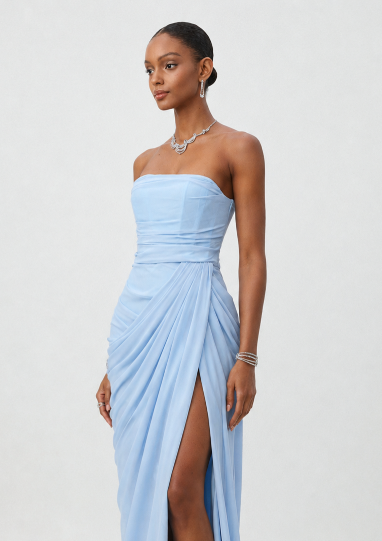 Tazeda Elegant Contour Strapless Ruched Mesh Maxi Dress