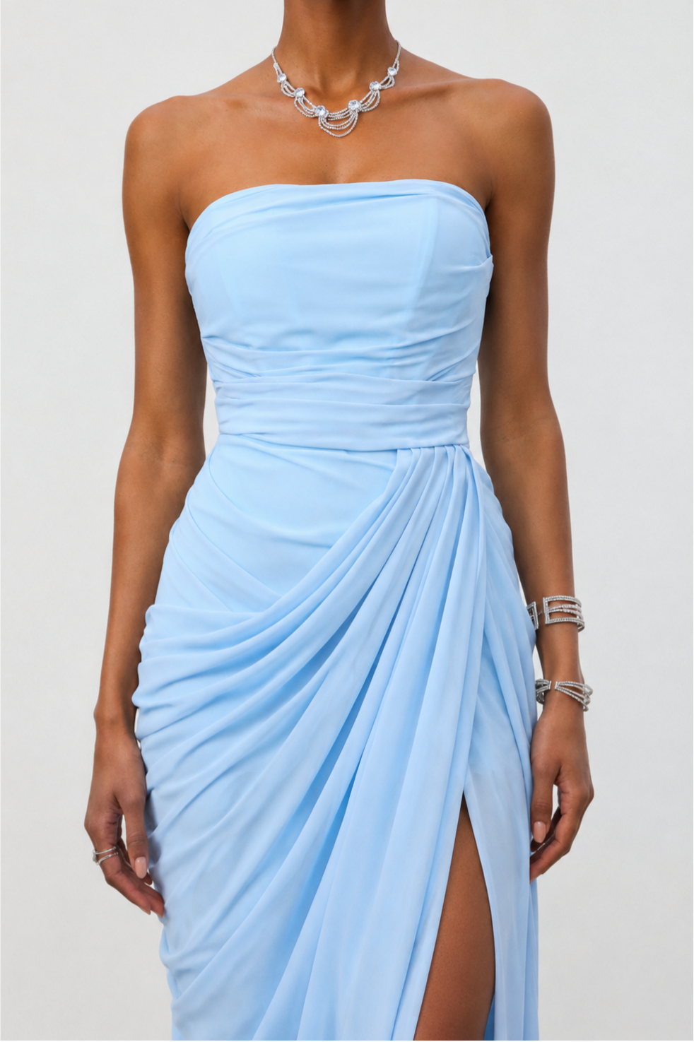 Tazeda Elegant Contour Strapless Ruched Mesh Maxi Dress