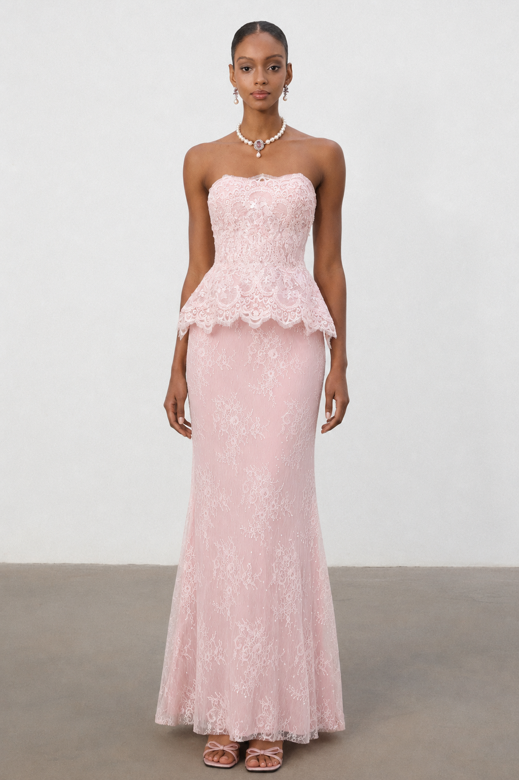 Maci Elegant Waist-Cinching Strapless Ruffle Hem Lace Beaded Embroidery Bodycon Mermaid Maxi Evening Dress