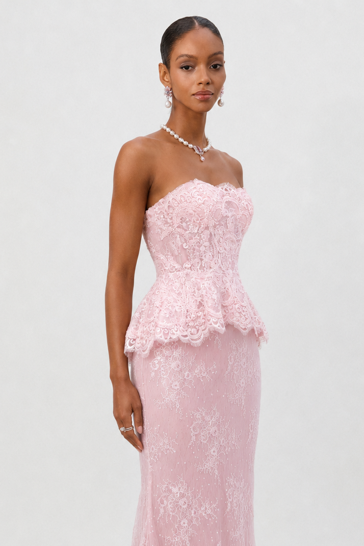 Maci Elegant Waist-Cinching Strapless Ruffle Hem Lace Beaded Embroidery Bodycon Mermaid Maxi Evening Dress