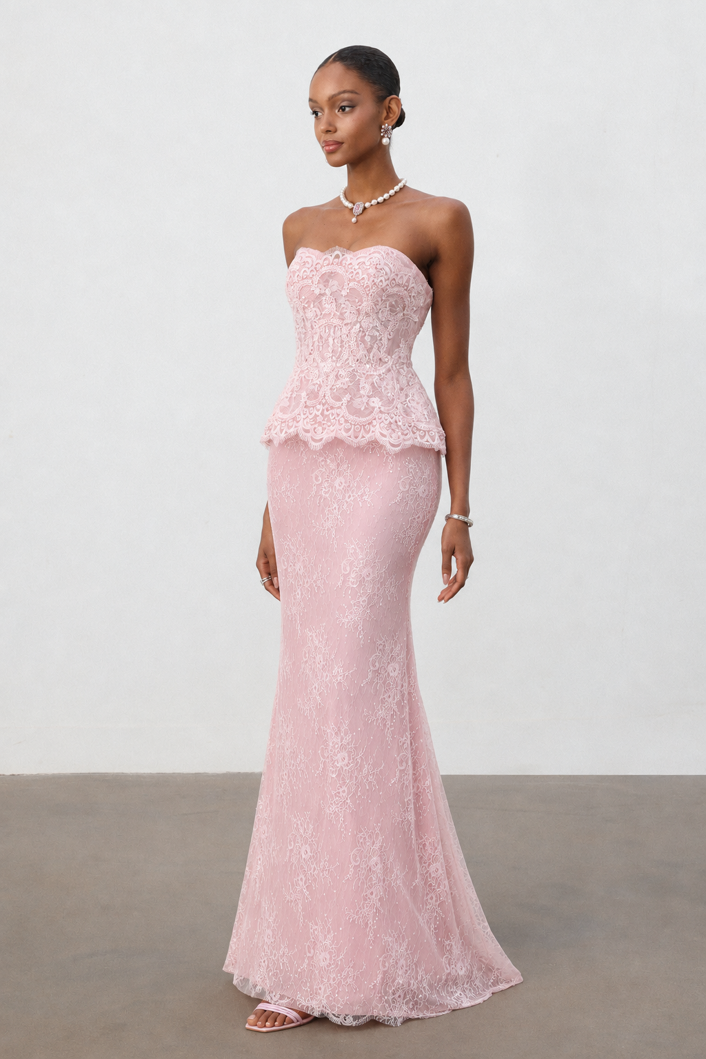 Maci Elegant Waist-Cinching Strapless Ruffle Hem Lace Beaded Embroidery Bodycon Mermaid Maxi Evening Dress