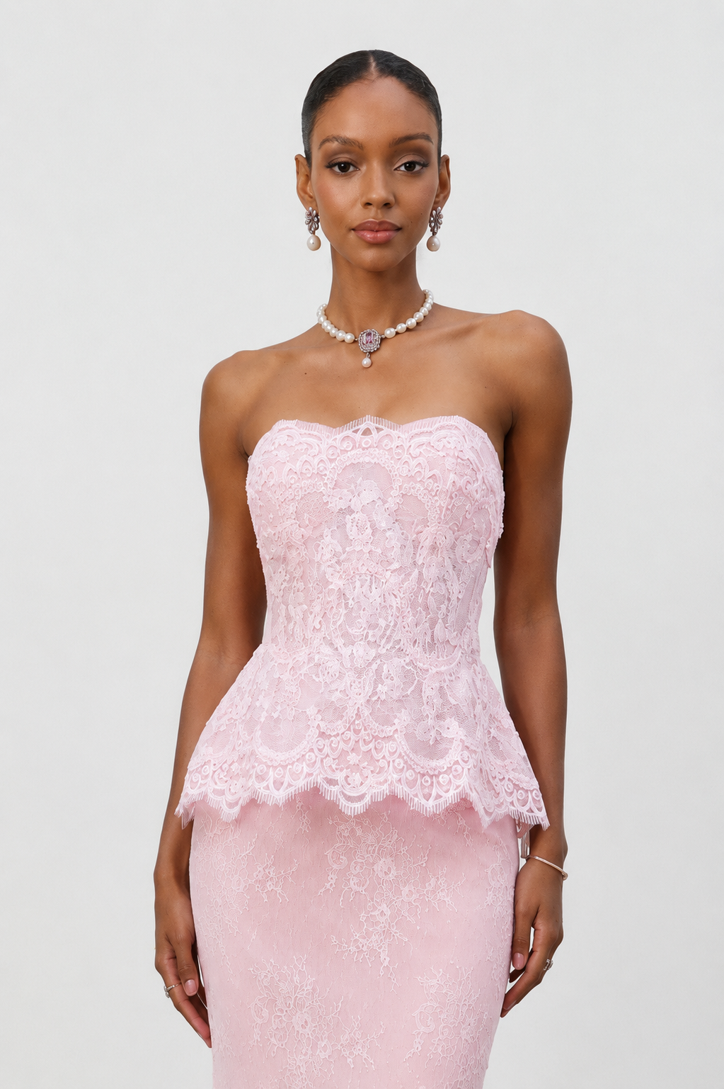 Maci Elegant Waist-Cinching Strapless Ruffle Hem Lace Beaded Embroidery Bodycon Mermaid Maxi Evening Dress