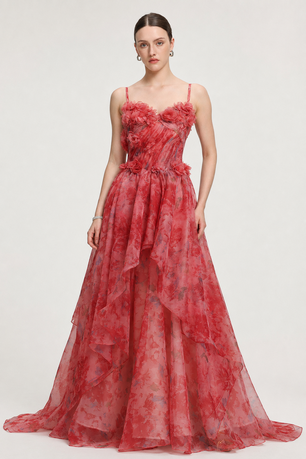 Lzada Elegant Waist-Cinching Strapless 3D Floral Watercolor Print Organza Multi-Layer Ruffle Fluffy A-Line Train Maxi Evening Dress