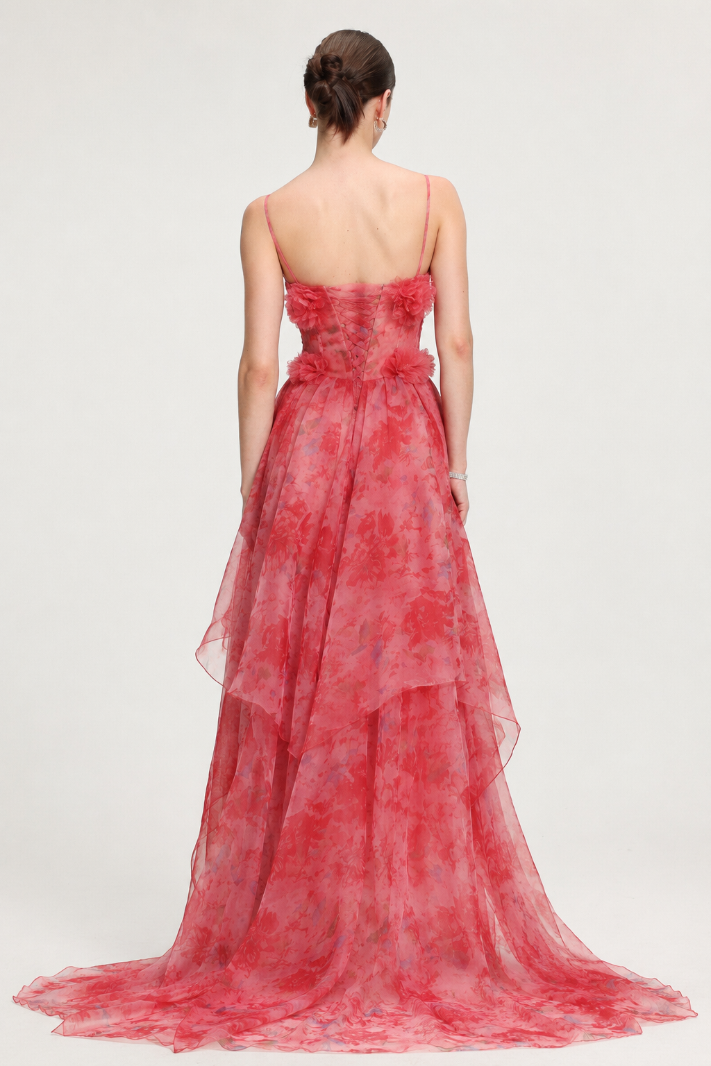 Lzada Elegant Waist-Cinching Strapless 3D Floral Watercolor Print Organza Multi-Layer Ruffle Fluffy A-Line Train Maxi Evening Dress