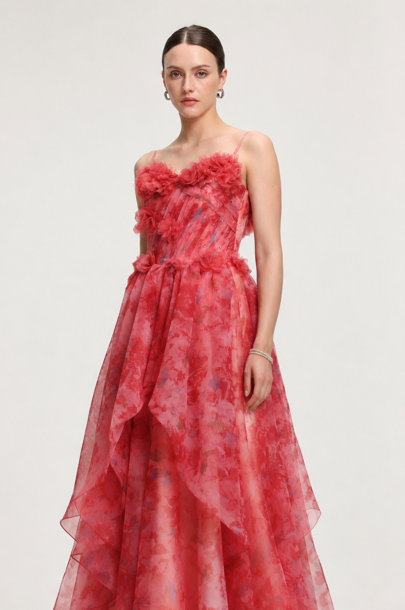 Lzada Elegant Waist-Cinching Strapless 3D Floral Watercolor Print Organza Multi-Layer Ruffle Fluffy A-Line Train Maxi Evening Dress