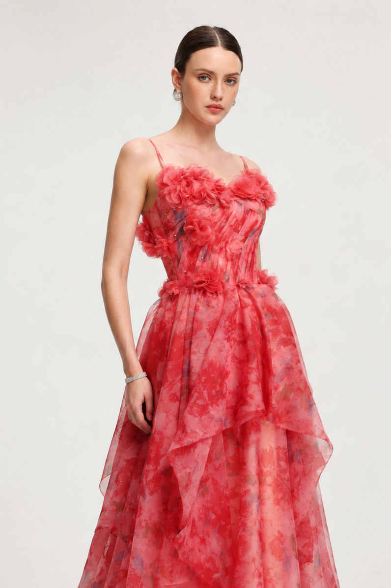 Lzada Elegant Waist-Cinching Strapless 3D Floral Watercolor Print Organza Multi-Layer Ruffle Fluffy A-Line Train Maxi Evening Dress