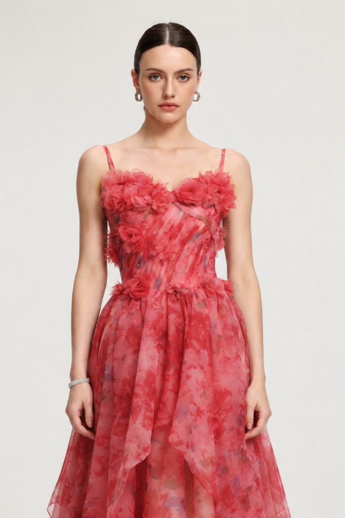 Lzada Elegant Waist-Cinching Strapless 3D Floral Watercolor Print Organza Multi-Layer Ruffle Fluffy A-Line Train Maxi Evening Dress